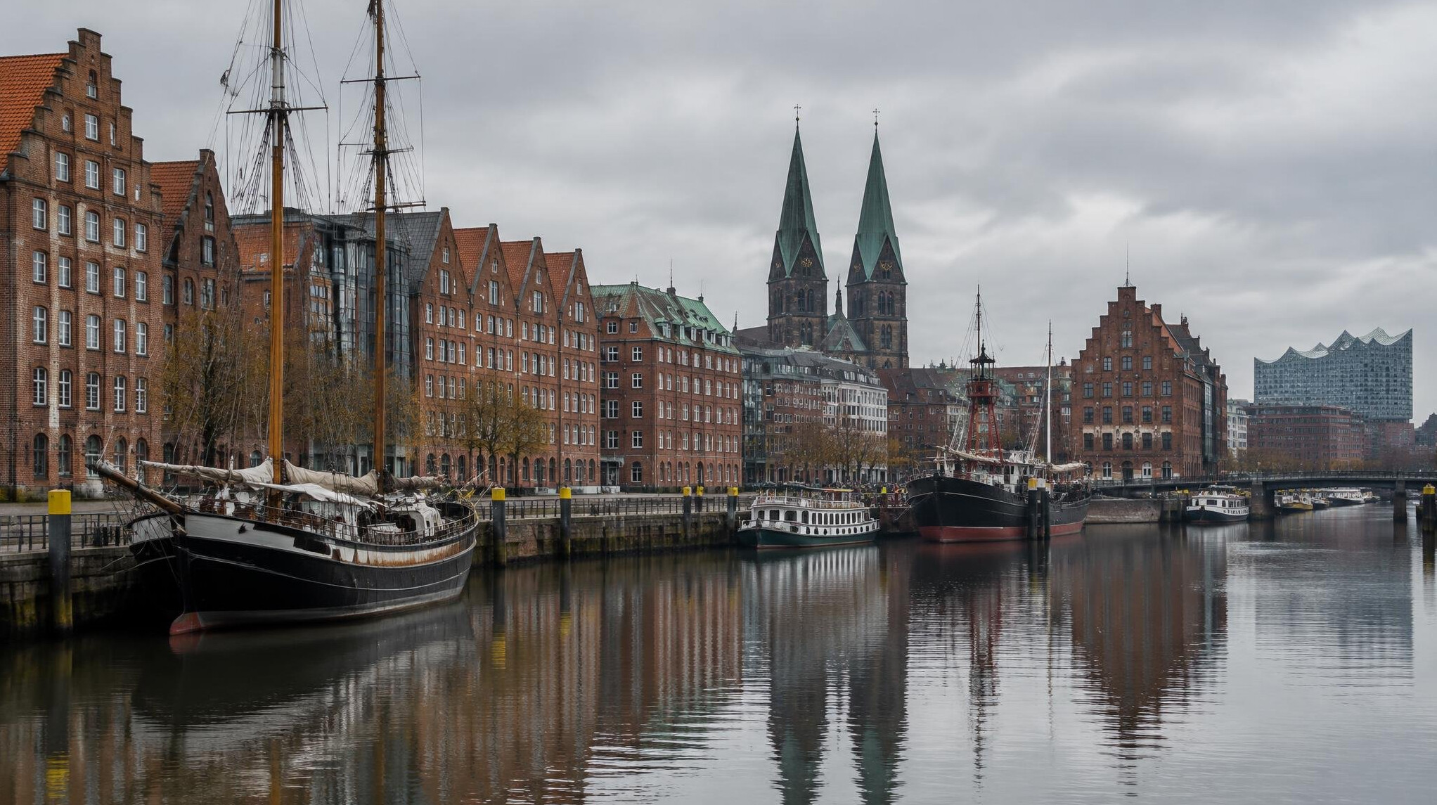 Harbor city skyline with old brick buildings in Bremen