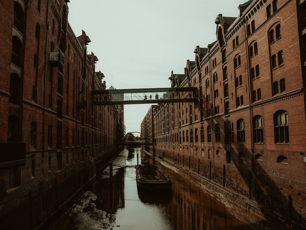 Brick warehouse district with canals in Hamburg