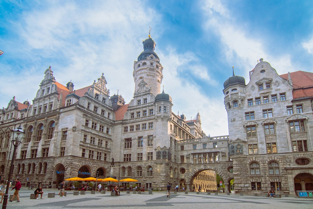 Historic city center buildings and arcades in Leipzig