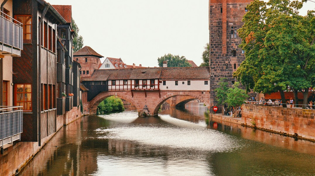 Half-timbered houses and stone bridge in Nuremberg old town