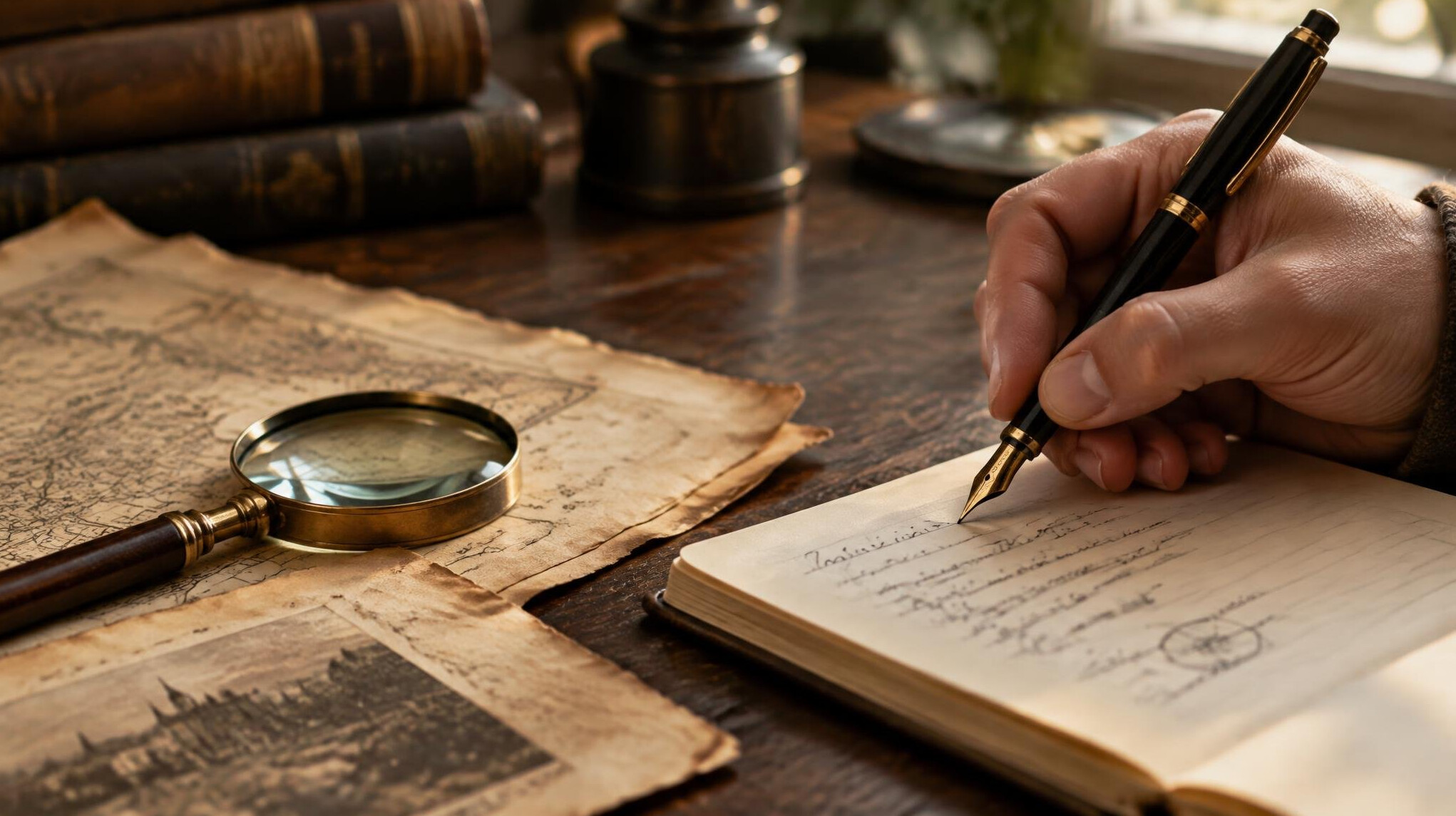 Hand writing notes beside old documents on a wooden desk