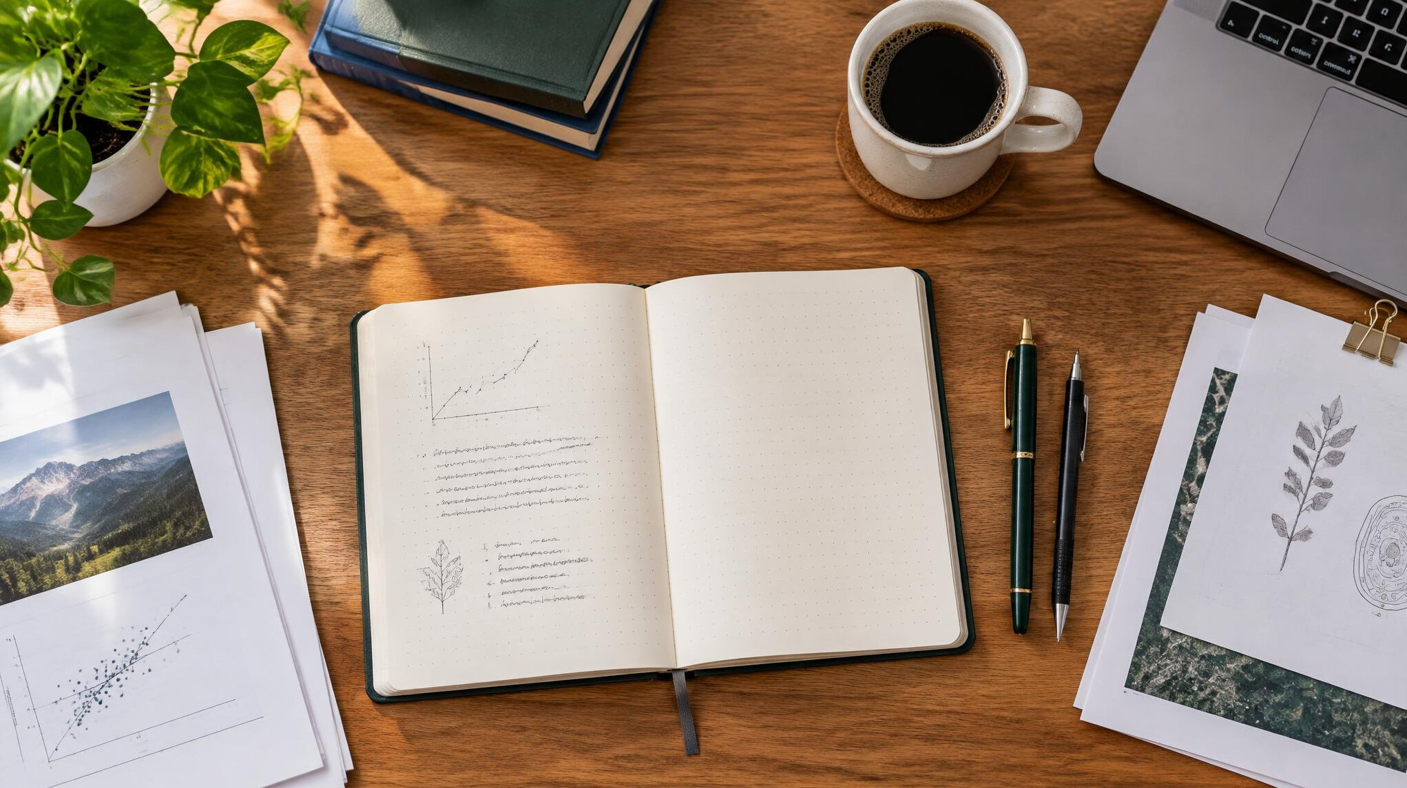 Top-down view of a desk with notebook, pens and papers